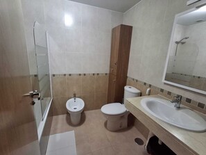 Shower, hair dryer, bidet, towels