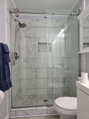 Douche, séchoir à cheveux, serviettes fournies