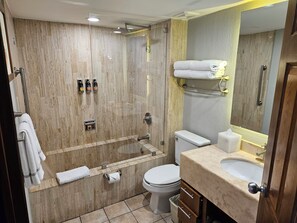 Hair dryer, towels, soap, shampoo