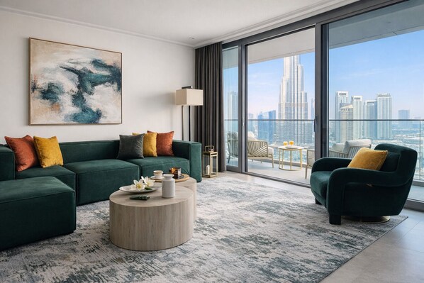 A modern living room with a green sofa, a round coffee table, and a view of a city skyline through large windows.