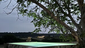Piscina rectangular con cubierta de madera, rodeada de árboles y una vista distante de una colina con edificios.
