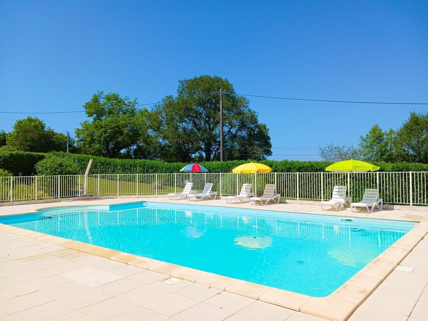 A rectangular swimming pool with a tiled deck and a white metal fence. There are lounge chairs and umbrellas along the poolside.