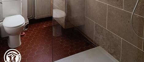 A bathroom with a toilet, a sink, and a shower area.