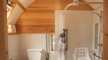 Shower, towels, soap, toilet paper