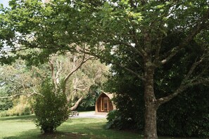 A rustic wooden cabin nestled in a lush, green landscape with a picnic table nearby.