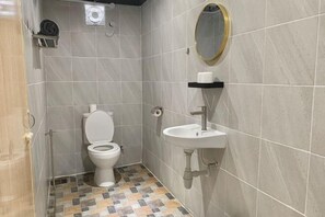 A bathroom with a toilet, sink, and mirror.