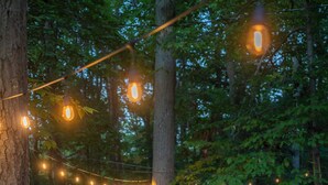 A forested area with blue Adirondack chairs, a hammock, and string lights. - Scenic Drive Resort - Cabin #3 (Muskegon)