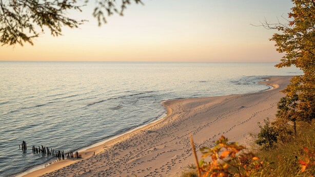 Une plage au rivage incurvé, où l’on peut voir des empreintes et une structure en bois dans l’eau.