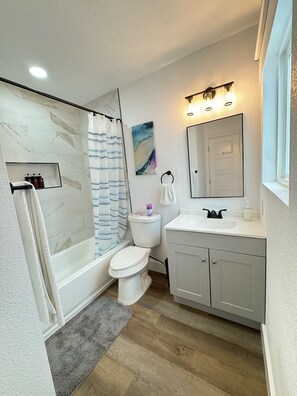 Hair dryer, towels, soap, toilet paper