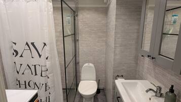 Hair dryer, towels, soap, toilet paper