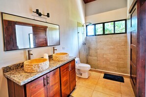 Shower, eco-friendly toiletries, hair dryer, towels
