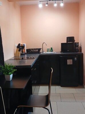A compact kitchen with a sink, a microwave, a coffee maker, and a potted plant. - Beach Islander 3 (Philipsburg)
