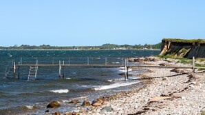 A rocky shoreline with a pier extending into the water, a cliff with vegetation on top, and a distant view of houses and boats.