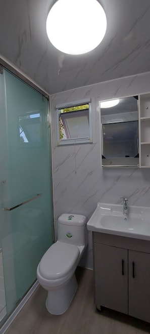 Regadera, toallas, papel de baño