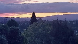 Un edificio pequeño y moderno con ventanas amplias y techo plano, rodeado de abundante vegetación y una vista panorámica al atardecer.