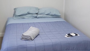 Un dormitorio con cama, un cuadro en la pared y una lámpara en el techo.