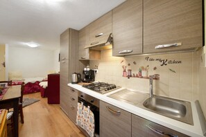 Coffee/tea maker, fridge, microwave, oven