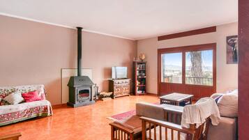 Een televisie, een open haard, een dvd-speler en een stereo