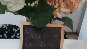 Una pizarra con texto escrito a mano, un cuadro enmarco y un florero con flores.