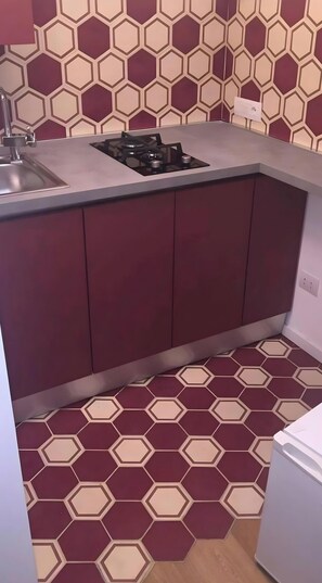 Fridge, stovetop, electric kettle, cookware/dishes/utensils