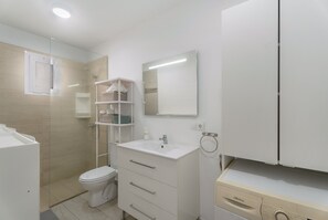 Shower, hair dryer, towels
