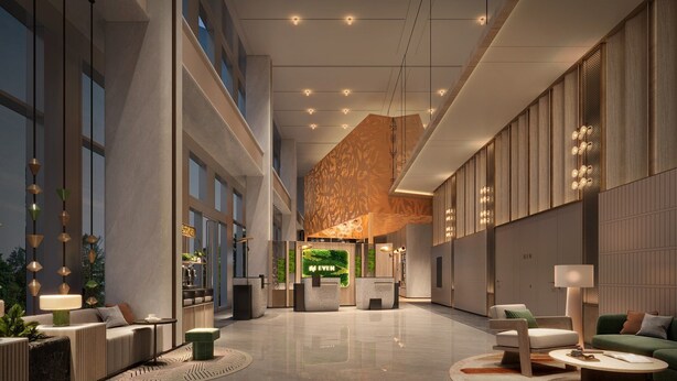 A spacious hotel lobby with a reception desk, seating areas, and a large window providing a view of the outdoors. - EVEN Hotel Shanghai Jinqiao by IHG (Shanghai)