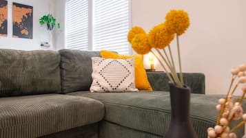 Smart-tv, een open haard en een stereo