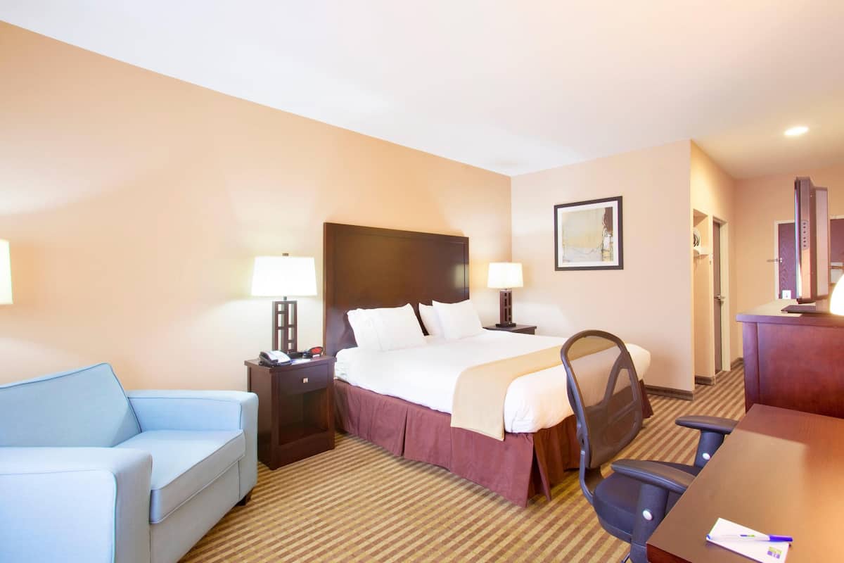 A hotel room with a bed, a desk, a chair, a sofa, and a nightstand with a lamp.