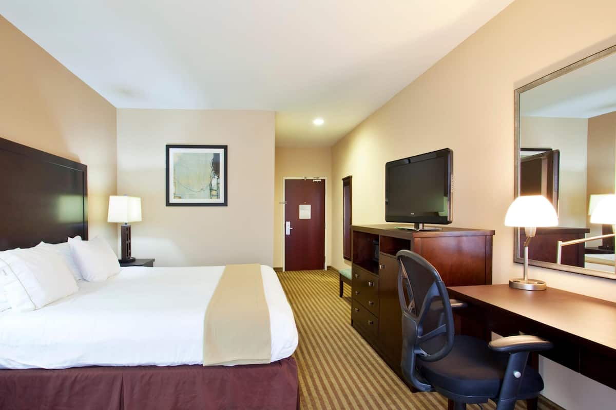 A hotel room with a large bed, a desk with a chair, a television, and a mirror.