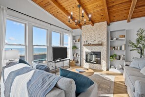 Una Smart TV, una chimenea, libros