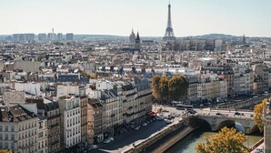 A cityscape with the Eiffel Tower in the background, a river running through the center, and a bridge connecting two parts of the city. - Cosy studio proche RER, idéal pour visiter Paris (Nogent-sur-Marne)