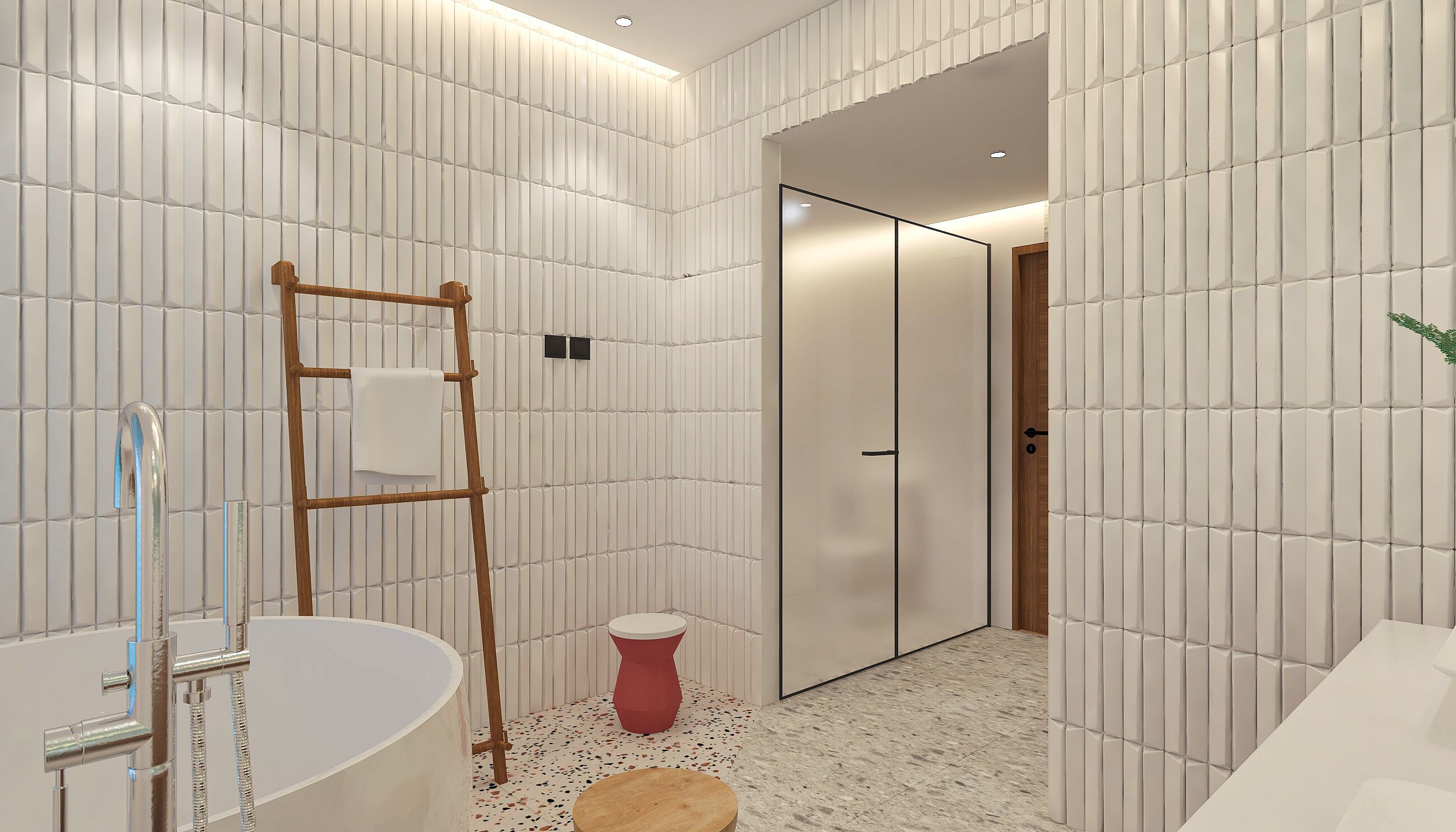 A modern bathroom with a white tiled wall, a wooden ladder, a red stool, and a white sink.