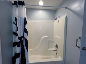 Hair dryer, towels, soap, toilet paper
