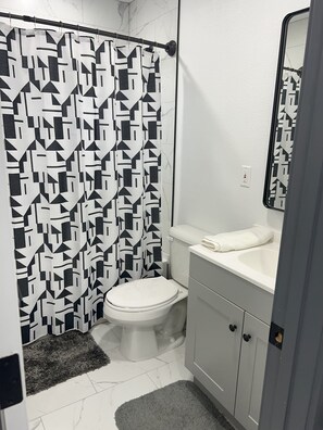 Hair dryer, towels, soap, toilet paper