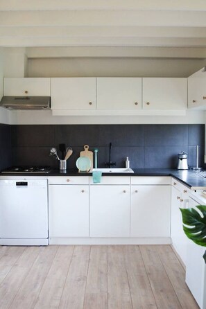 Fridge, stovetop, dishwasher, coffee/tea maker