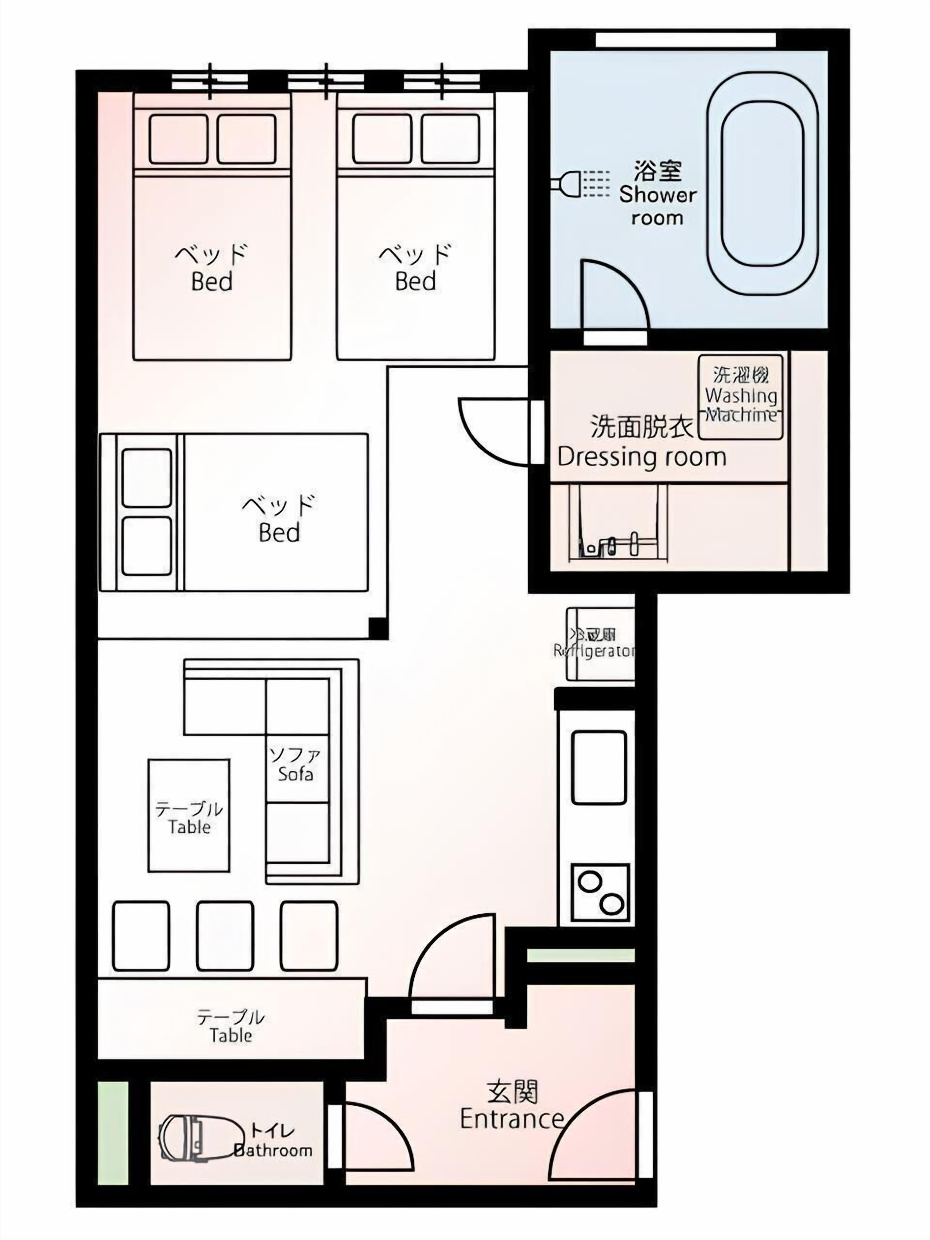A floor plan of a hotel room with two beds, a shower room, a dressing room, a refrigerator, a sofa, a table, and an entrance.