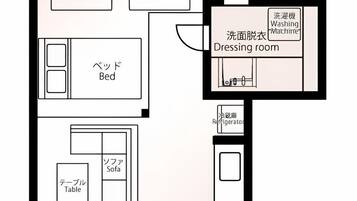 Plano de un cuarto de hotel con dos camas, un baño con ducha, un vestidor, un refrigerador, un sofá, una mesa y una entrada.