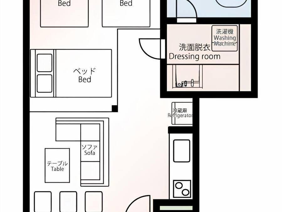A floor plan of a hotel room with two beds, a shower room, a dressing room, a refrigerator, a sofa, a table, and an entrance.