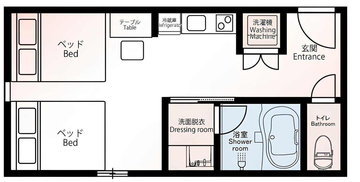 A hotel room layout with a bed, table, refrigerator, washing machine, entrance, dressing room, shower room, and bathroom.