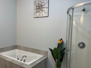 Chuveiro, secador de cabelo, toalhas de banho, sabonete