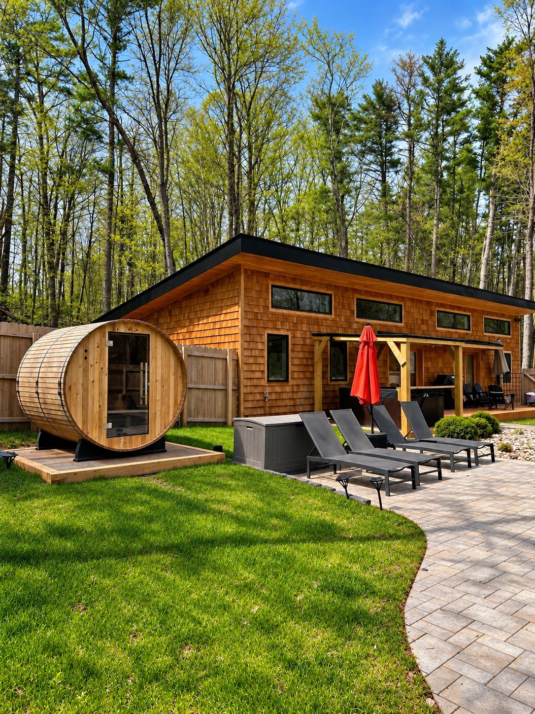 Une cabane moderne en bois, dotée d’une terrasse, de chaises longues et d’un sauna.