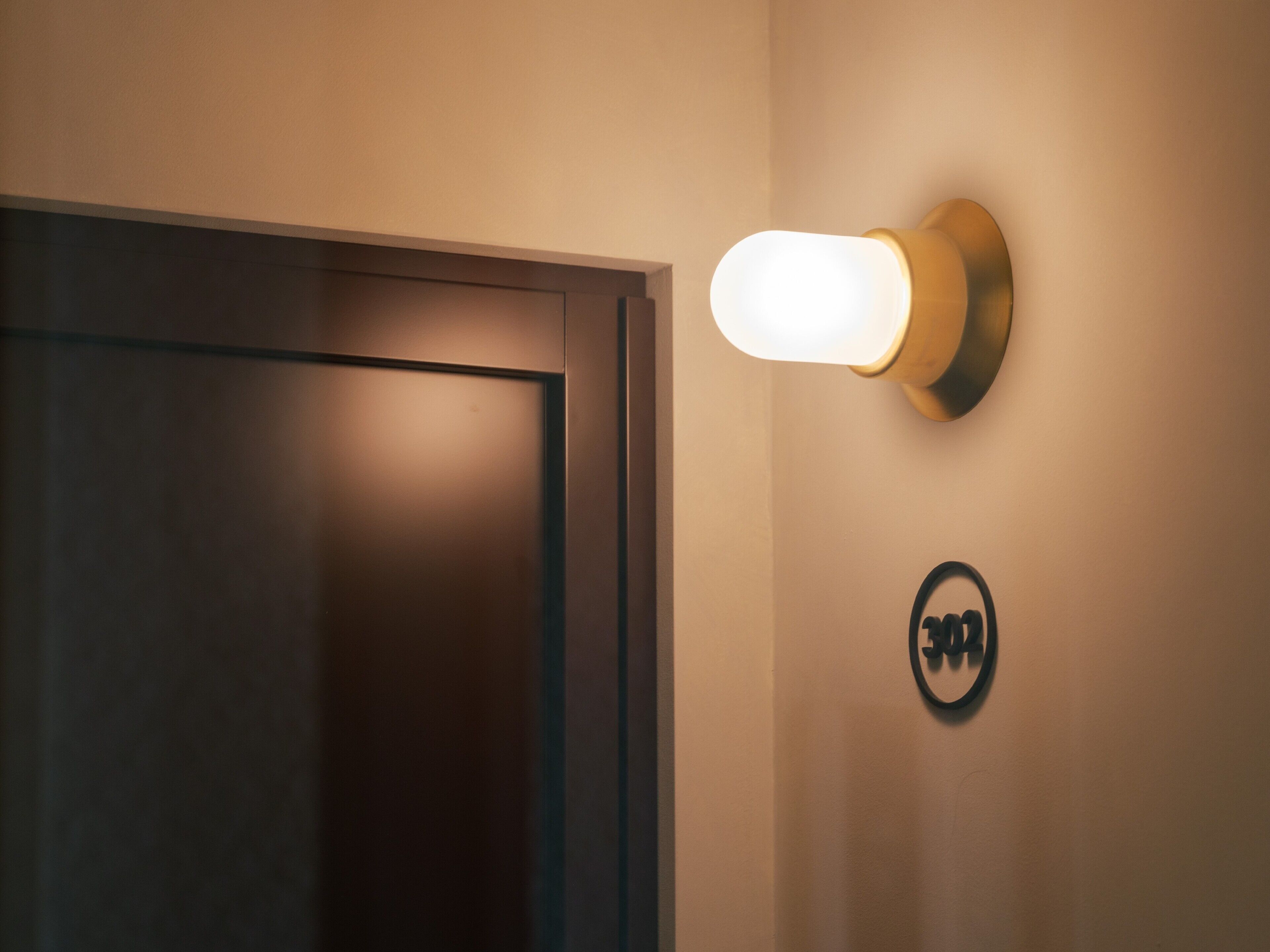 A door with a light fixture above it and a sign with a symbol on the wall.