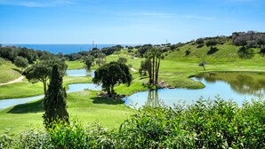 A golf course with multiple ponds, trees, and a clear view of the ocean.