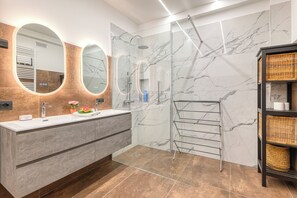 Shower, hair dryer, bidet, towels