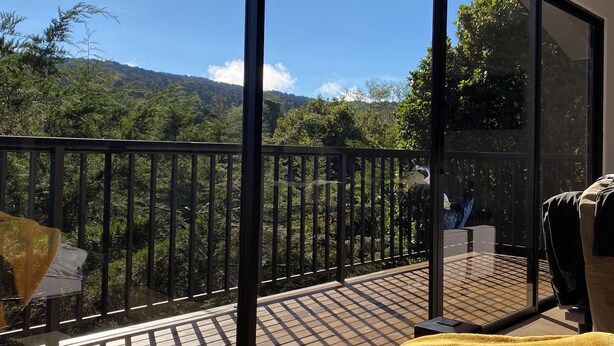 Un balcon donnant sur une zone boisée et sur des montagnes.