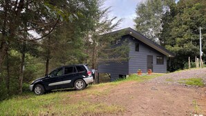 Une maison moderne avec une voiture garée devant, entourée d’arbres.