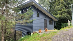 A modern two-story house with a sloped roof, large windows, and a small porch area with potted plants.