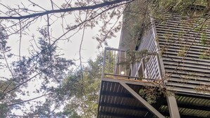 Une structure de pont métallique offrant une vue sur des arbres et un bâtiment en arrière-plan.