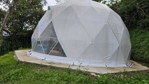 A geodesic dome structure with a transparent section, surrounded by greenery. - Mountain view dome, pet friendly, trails and near Poas Volcano. (Carrizal)