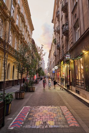 Calle peatonal bordeada de edificios históricos, tiendas y terrazas.